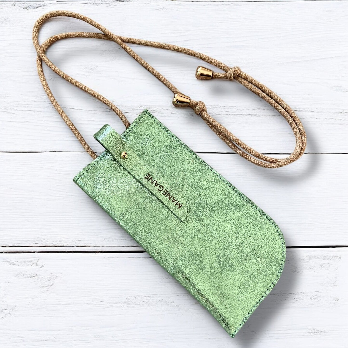 pochette à lunettes en cuir vert métallisé pour femme