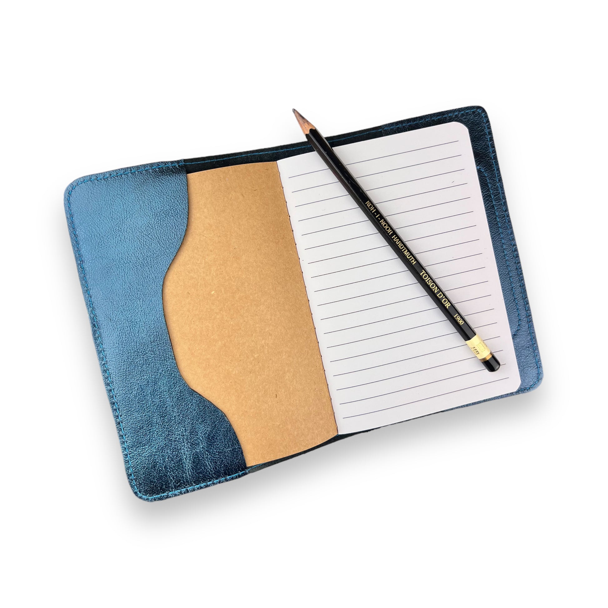 petit carnet pour cahier A6 en cuir bleu métallisé