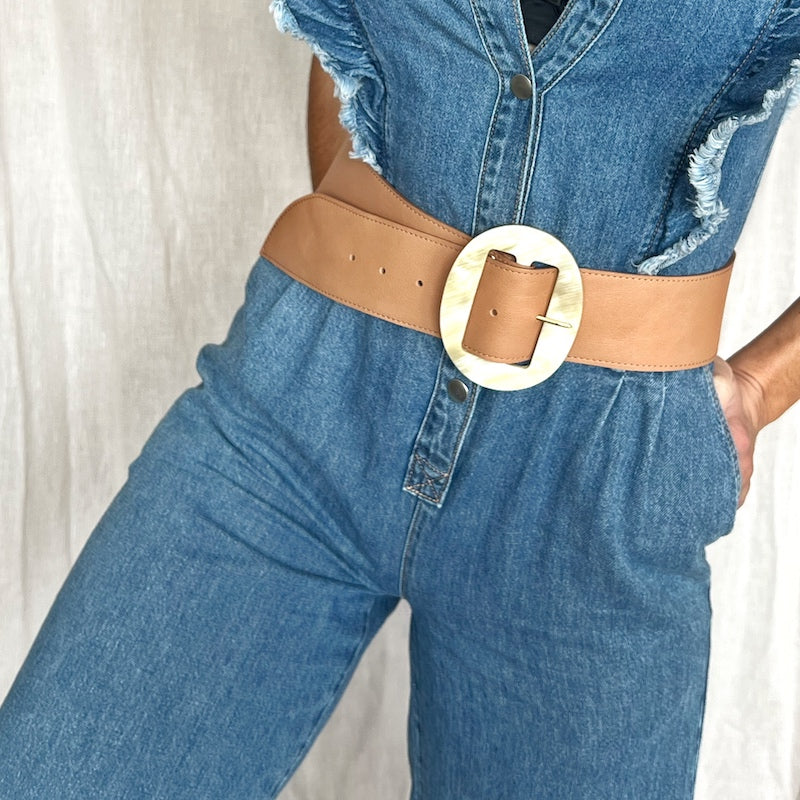 ceinture large en cuir marron nacré