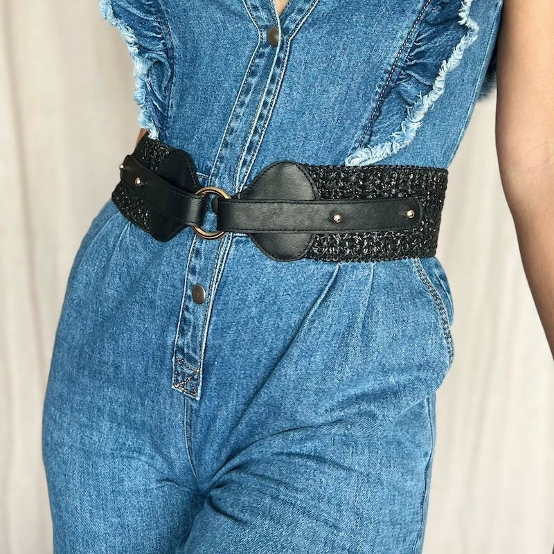 ceinture large tressée noire en cuir