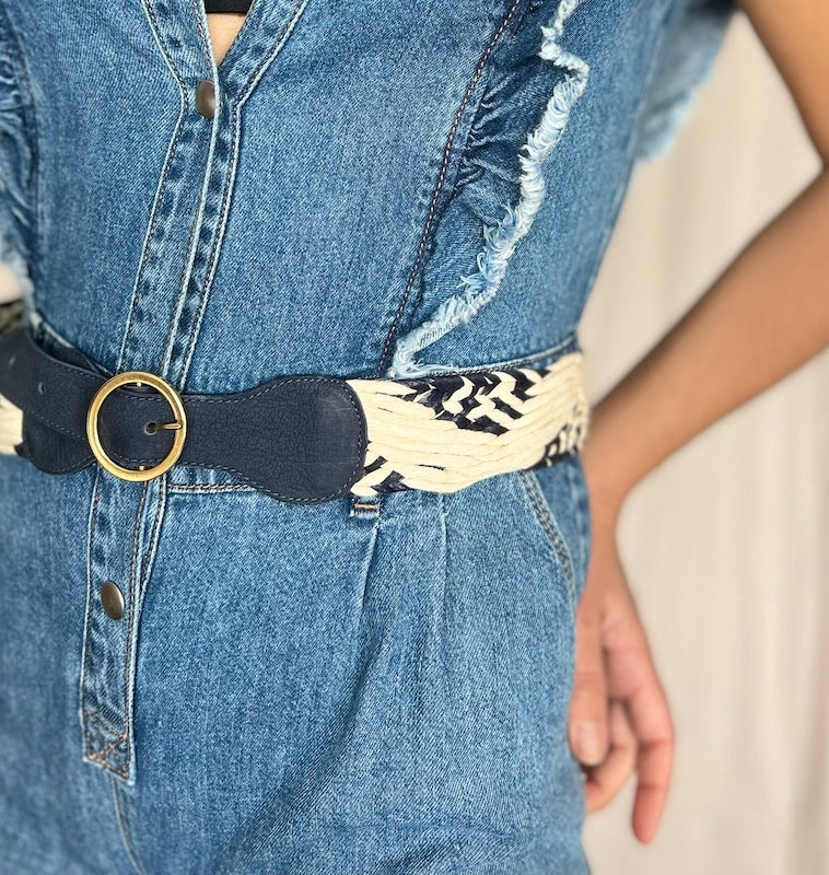 ceinture en corde tréssé bleu et blanche