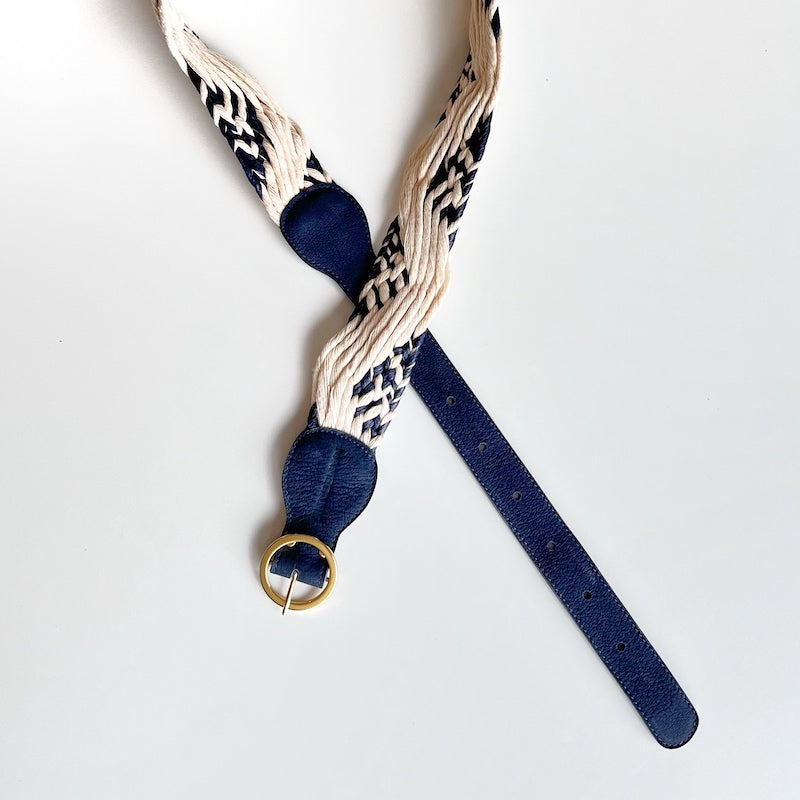 ceinture corde tressée blanche et bleu