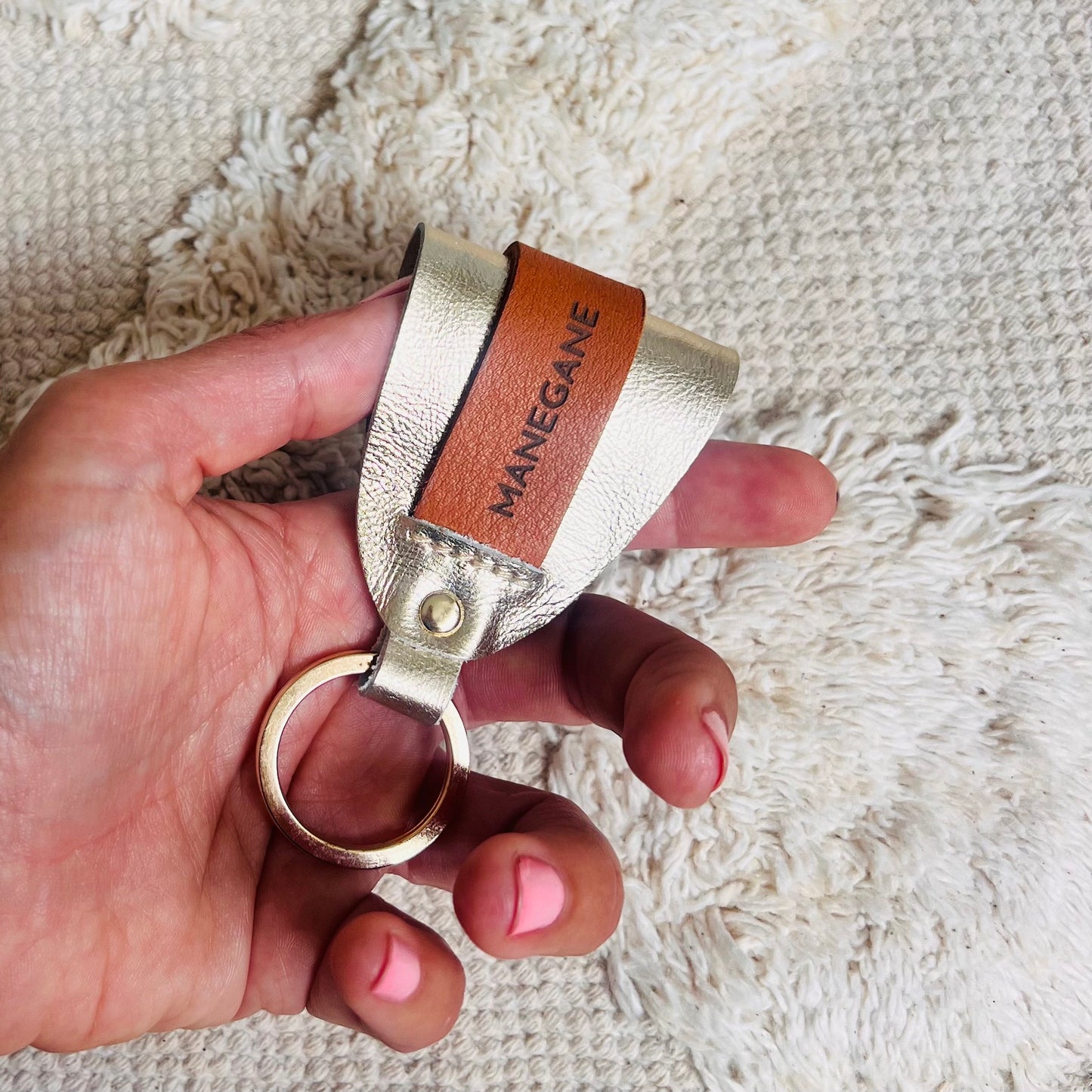 Champagne Brown leather key ring