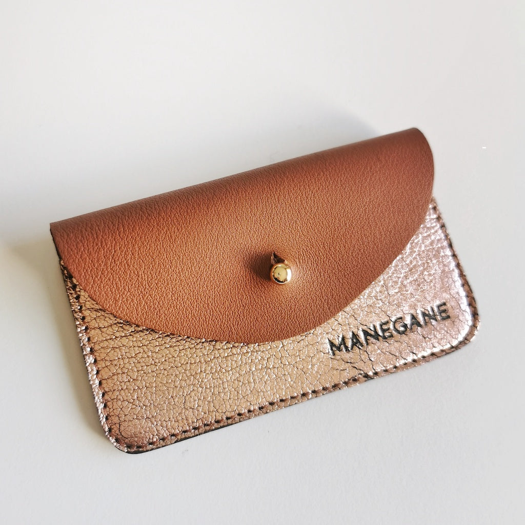 Porte-cartes en cuir caramel rose vintage