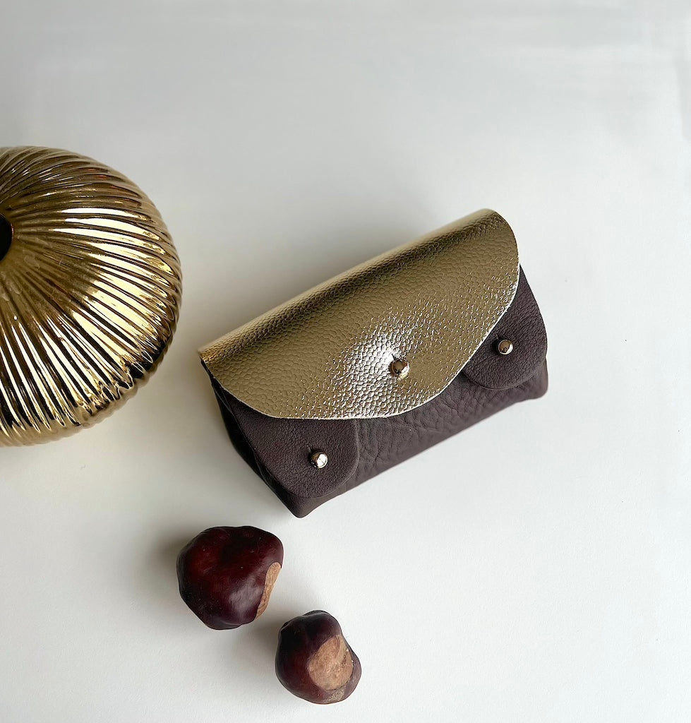Porte-monnaie en cuir or et chocolat