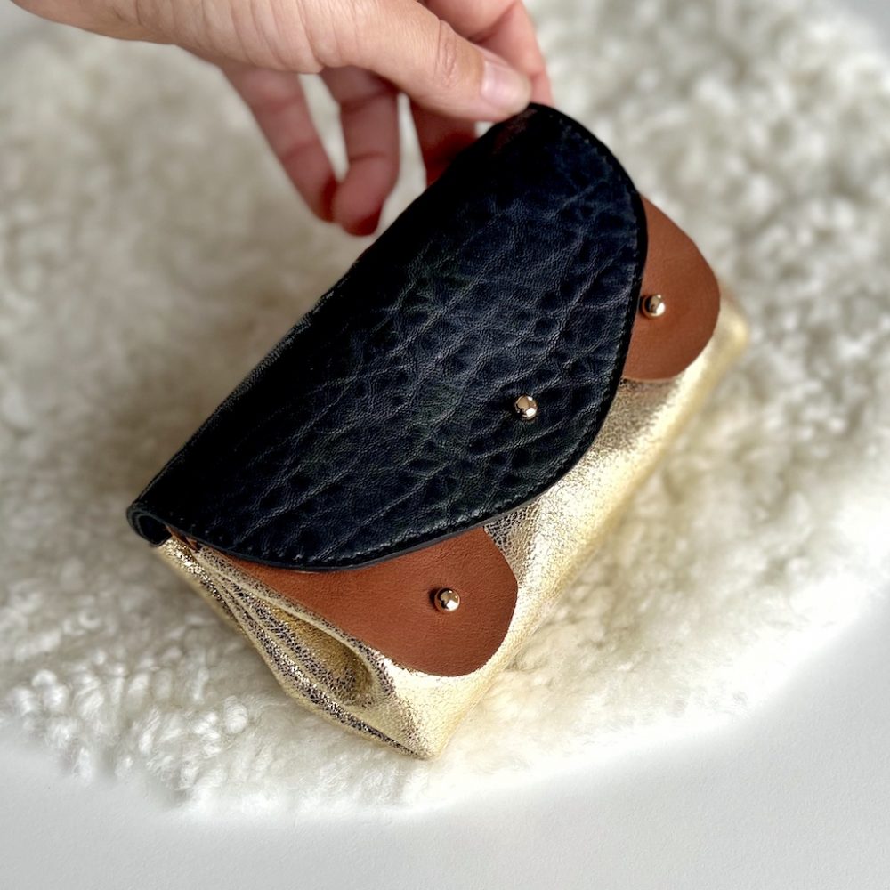 portefeuille cuir noir or et caramel